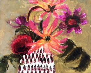 Dahlias in Black and White Jug.   Paintings by Arabella Shand. Oil on board.