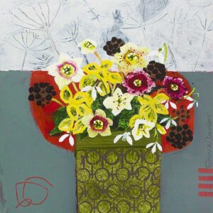 Hellebores & Snowdrops in Polly's Green Jar.   Paintings by Emma Dunbar. Acrylic on board.