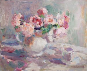 Roses in a White Jug.   Paintings by Lynne Cartlidge. Oil on board.