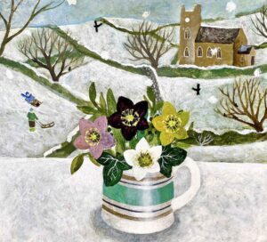 Hellebores & Sledgers.   Paintings by Sarah Bowman. Oil on board.