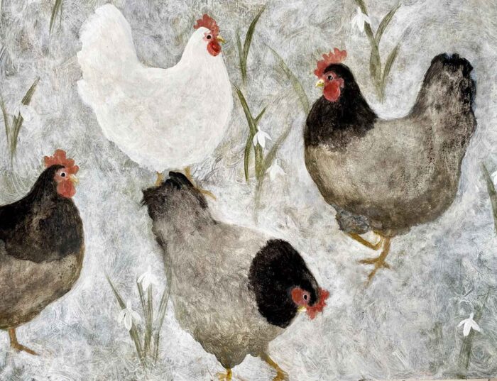 Hens Among Snowdrops. Paintings by Sarah Bowman. Oil on board. Hens Among Snowdrops. Paintings by Sarah Bowman. Oil on board.