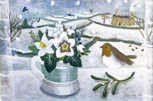 Winter Posy & Robin.   Paintings by Sarah Bowman. Oil on board.