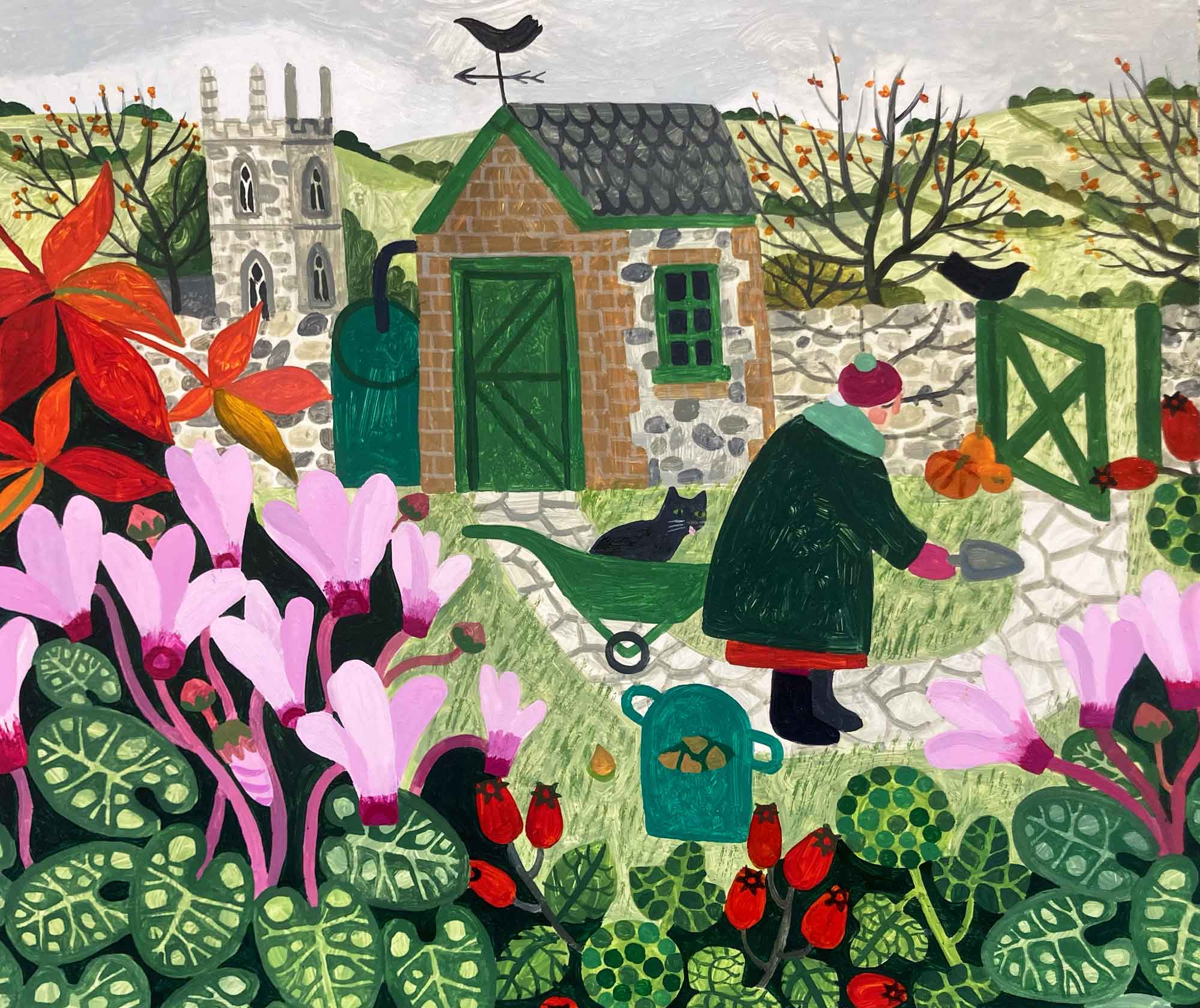 The Autumn Gardener.   Paintings by Vanessa Bowman. Oil on card.