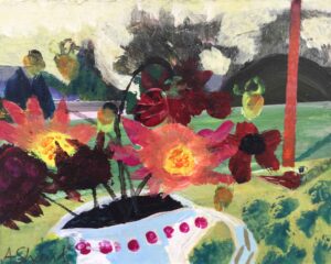 Dahlias in the Landscape. Still Life Floral Paintings by Arabella Shand. Acrylic on board.