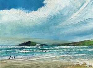 Three Surfers, Bantham. Seascape Devon Paintings by David Morgan. Oil on board.