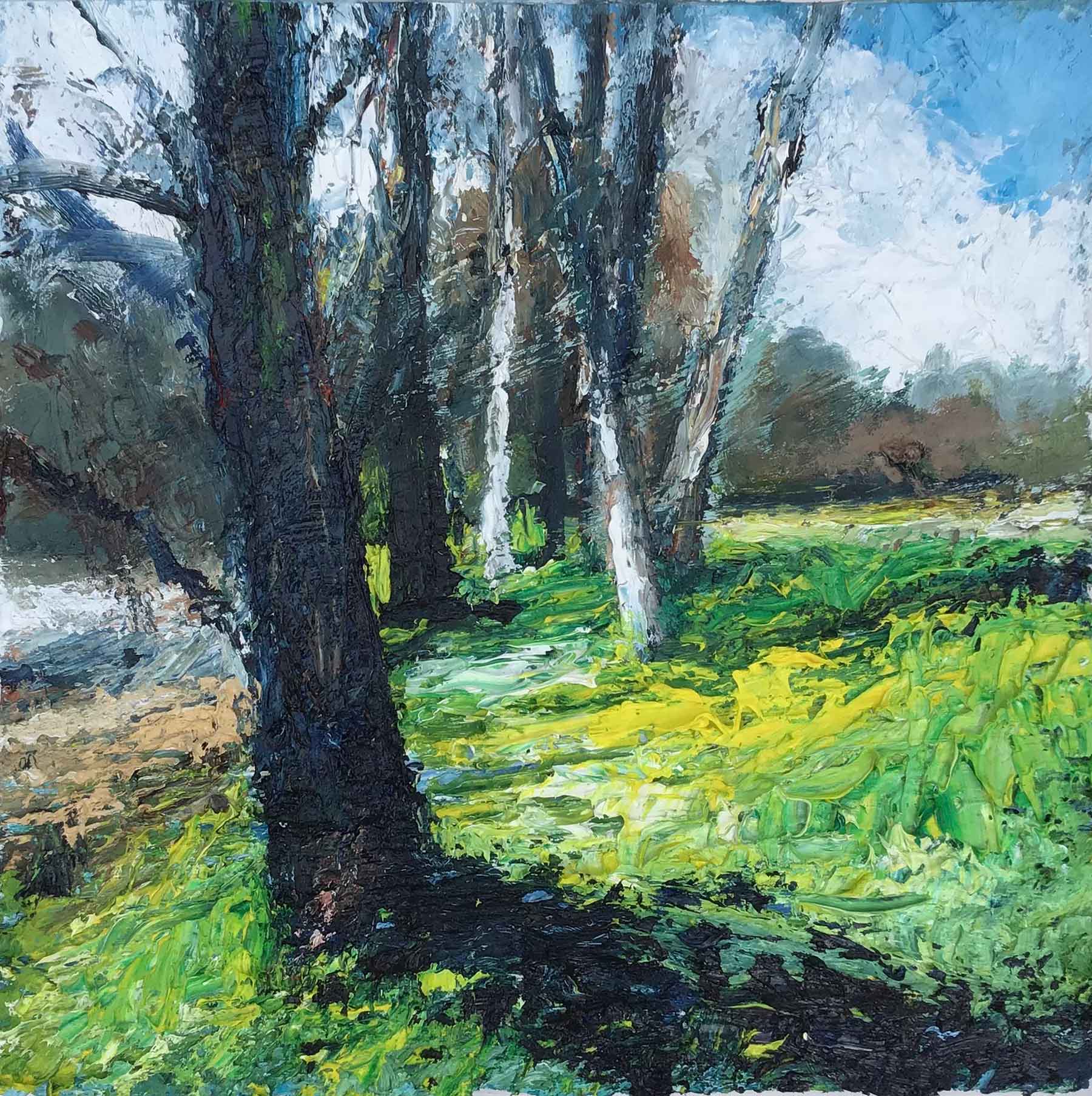 Trees on the River Bank. Devon Landscape Paintings by David Morgan. Oil on board. Trees on the River Bank. Devon Landscape Paintings by David Morgan. Oil on board.