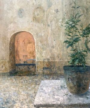 Courtyard Flowers (Jasmine). Still Life Interiors Paintings by Ellen Watson. Mixed media on canvas.