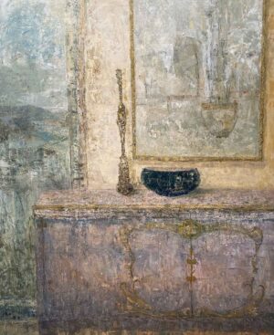 Dark Bowl & Candlestick on Chest. Still Life Interiors Paintings by Ellen Watson. Mixed media on canvas.