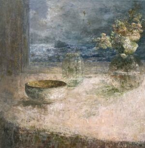 White Flowers, Stormy View. Seascape Still Life Paintings by Ellen Watson. Mixed media on canvas.
