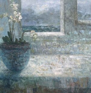 White Orchids on Window Seat.   Paintings by Ellen Watson. Mixed media on canvas.