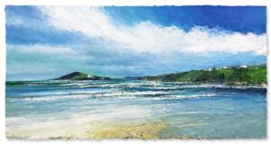 Low Tide Surfers. Devon Seascape Paintings by David Morgan. Oil on board.