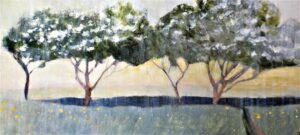 Sea Blown Hawthorns. Devon Landscape Paintings by Jane Brayne. Watercolour & mixed media on Two Rivers paper.