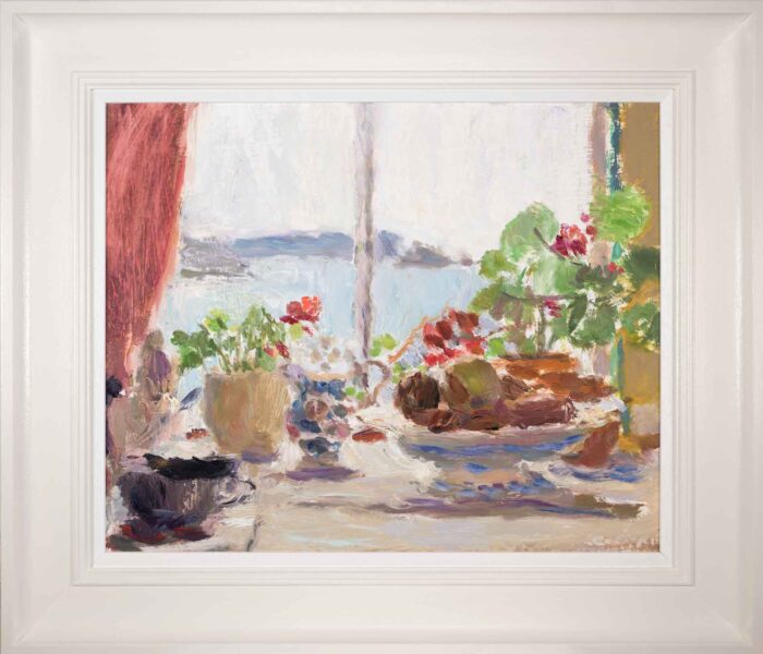 Portscatho Window With Geranium. Cornwall Seascape Paintings by Lynne Cartlidge. Oil on board.