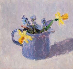 Tete-a-Tete in Blue Vase. Still Life  Paintings by Lynne Cartlidge. Oil on board.