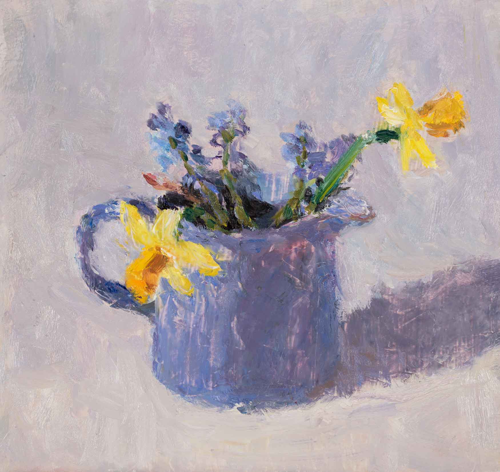 Tete-a-Tete in Blue Vase. Still Life  Paintings by Lynne Cartlidge. Oil on board.