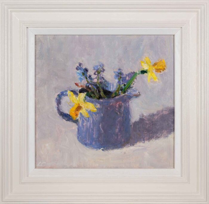 Tete-a-Tete in Blue Vase. Still Life  Paintings by Lynne Cartlidge. Oil on board.