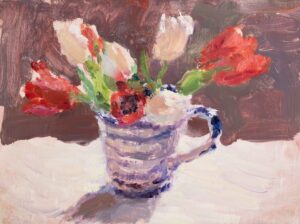 Tulips in a Striped Mug. Still Life  Paintings by Lynne Cartlidge. Oil on board.