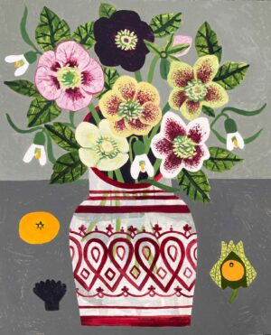 Garden Hellebores. Interiors Still Life Paintings by Vanessa Bowman. Oil on card.