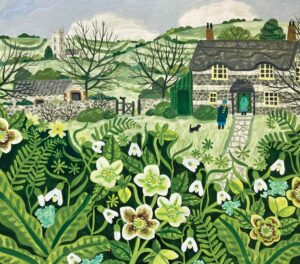 Spring Dog Walk. Landscape  Paintings by Vanessa Bowman. Oil on card.