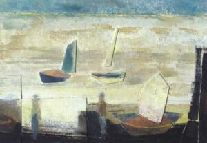 Three Boats. Seascape  Paintings by David Brayne. Acrylic, pigment & collage.