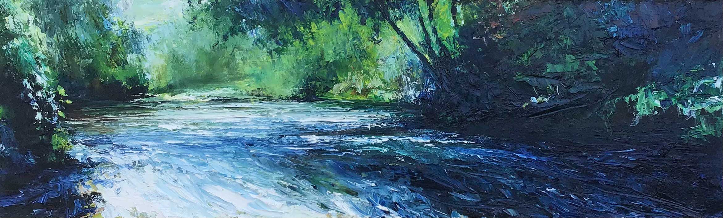 Spring Light, River Dart. Dartmoor Devon Paintings by David Morgan. Oil on board. Spring Light, River Dart. Dartmoor Devon Paintings by David Morgan. Oil on board.