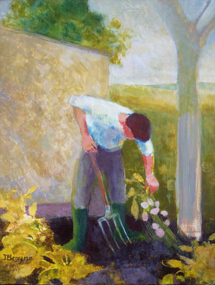 Potato Patch. Figurative Landscape Paintings by Jane Brayne. Egg tempera gesso panel.