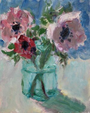 Anemones in a Green Glass. Still Life Floral Paintings by Lynne Cartlidge. Oil on board.