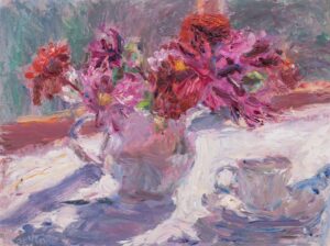 Dahlias in Light from Window. Interiors Still Life Paintings by Lynne Cartlidge. Oil on board.