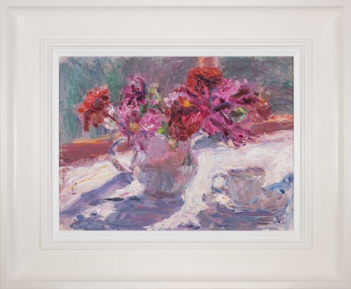 Dahlias in Light from Window. Still Life Floral Paintings by Lynne Cartlidge. Oil on board.