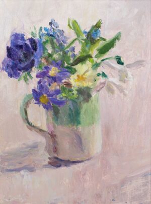 Spring Flowers with Anemones. Still Life Floral Paintings by Lynne Cartlidge. Oil on board.