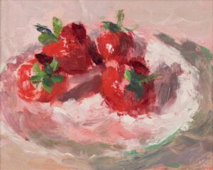 Strawberries in a Saucer. Interiors Still Life Paintings by Lynne Cartlidge. Oil on board.