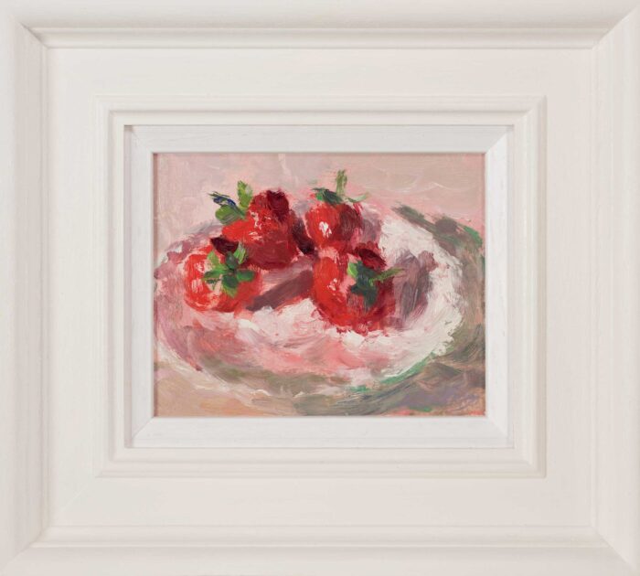 Strawberries in a Saucer. Still Life Interiors Paintings by Lynne Cartlidge. Oil on board.