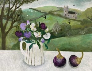 Tulips & Pear, Dartmoor. Dartmoor Devon Paintings by Sarah Bowman. Oil on board.
