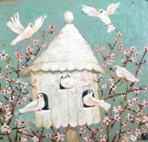 Dove Cote. Birds & Animals Floral Paintings by Vanessa Cooper. Oil on board.