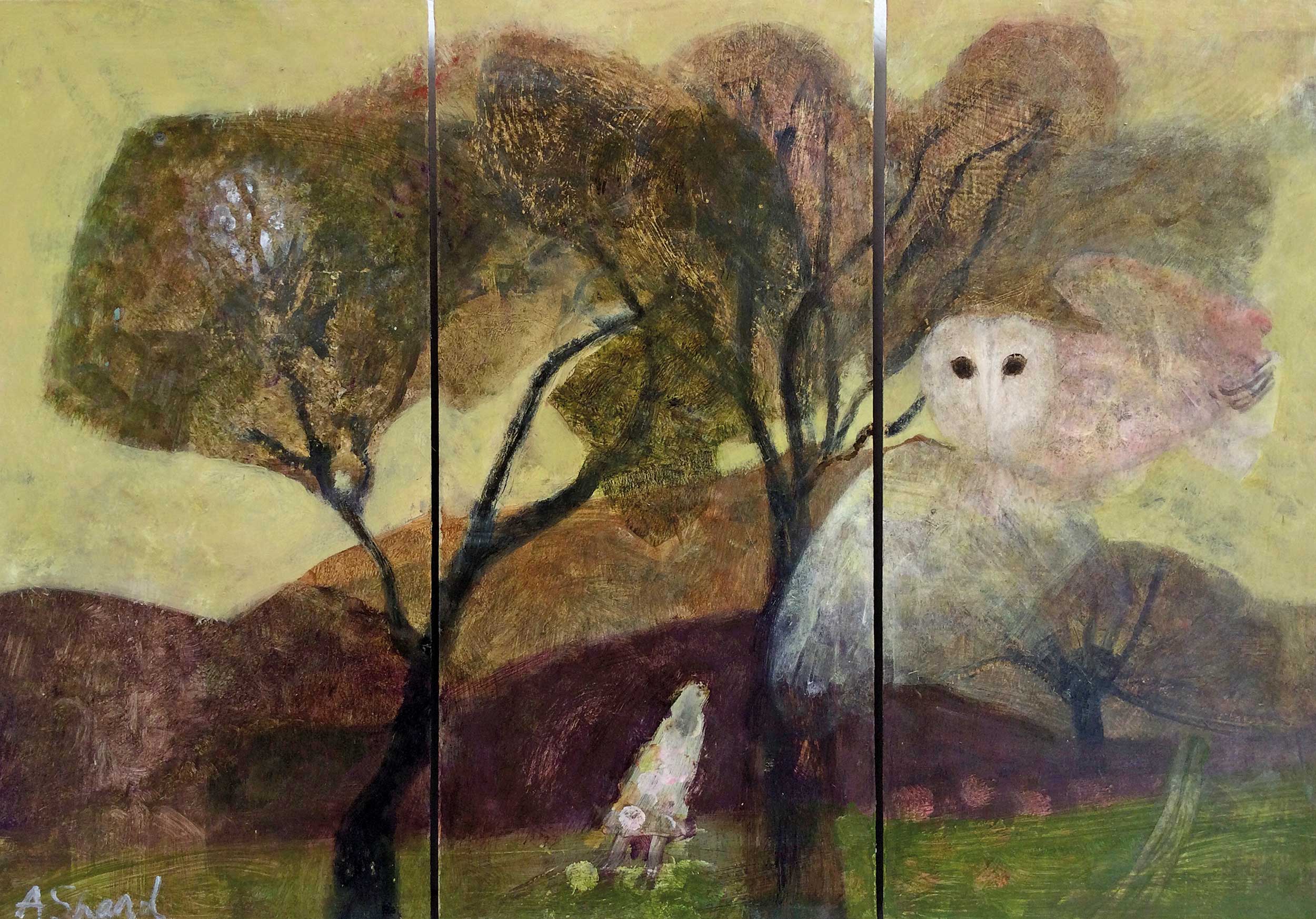 Dreamscape (Triptych). Birds & Animals Landscape Paintings by Arabella Shand. Oil on board with Dutch metal.