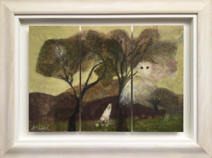 Dreamscape (Triptych). Birds & Animals Landscape Paintings by Arabella Shand. Oil on board with Dutch metal.