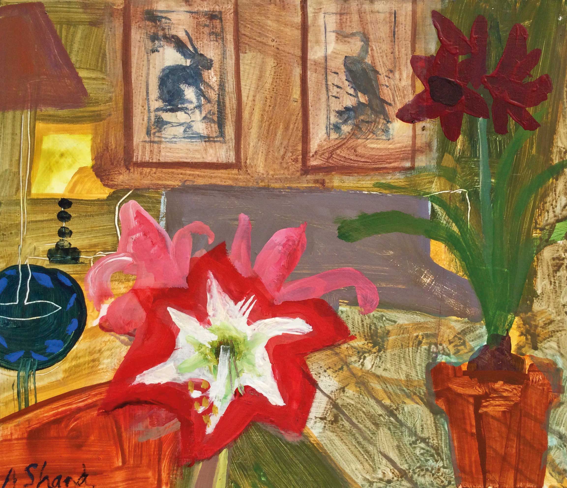 Interior with Amaryllis. Interiors Still Life Paintings by Arabella Shand. Acrylic on board.