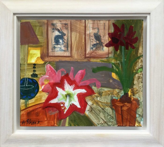 Interior with Amaryllis. Interiors Still Life Paintings by Arabella Shand. Acrylic on board.