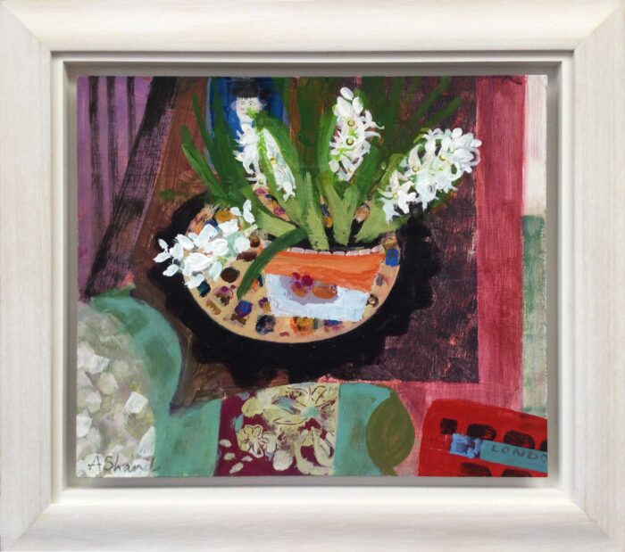 Interior with London Bus. Still Life Floral Paintings by Arabella Shand. Acrylic on board.