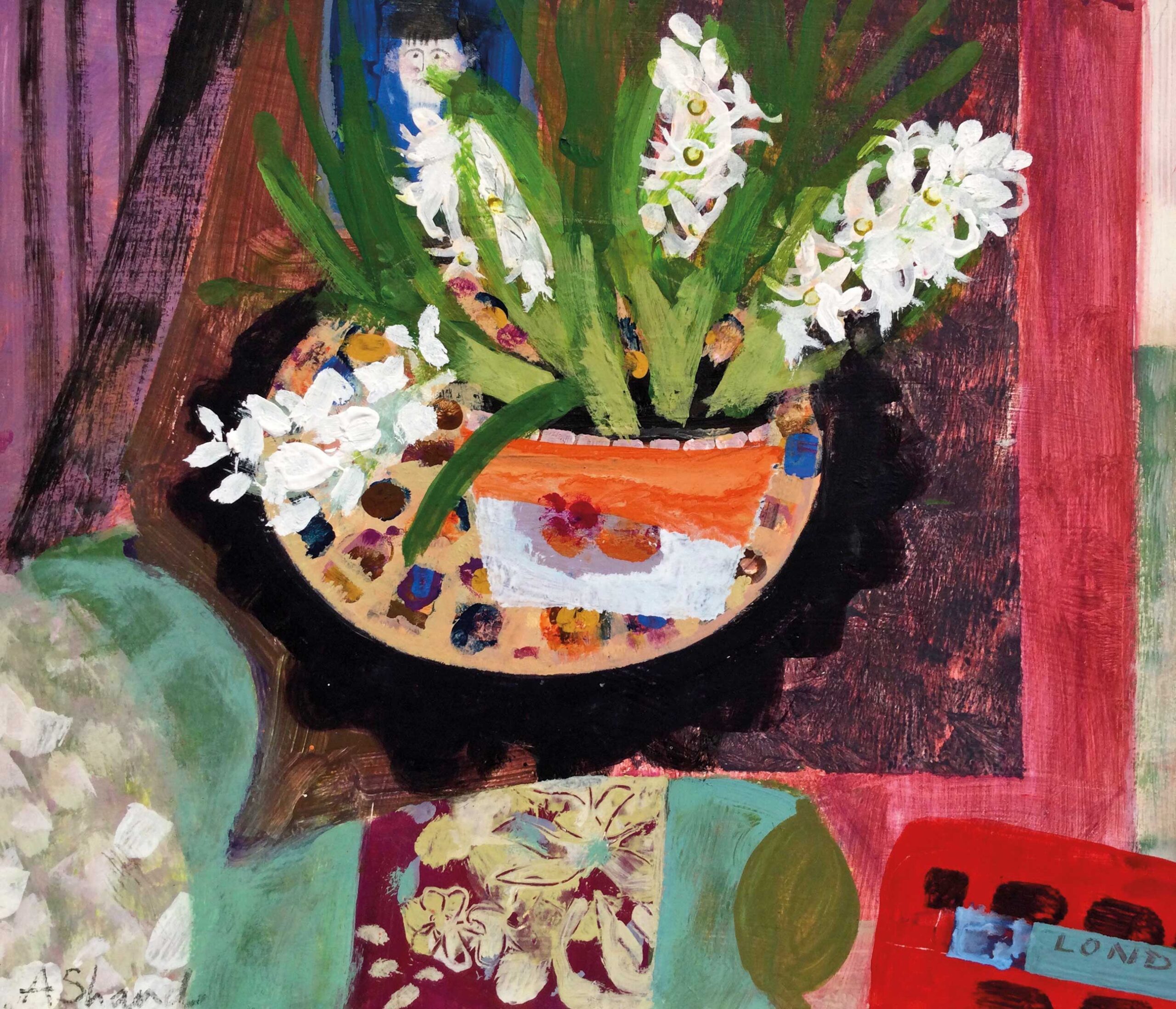 Interior with London Bus. Still Life Floral Paintings by Arabella Shand. Acrylic on board.