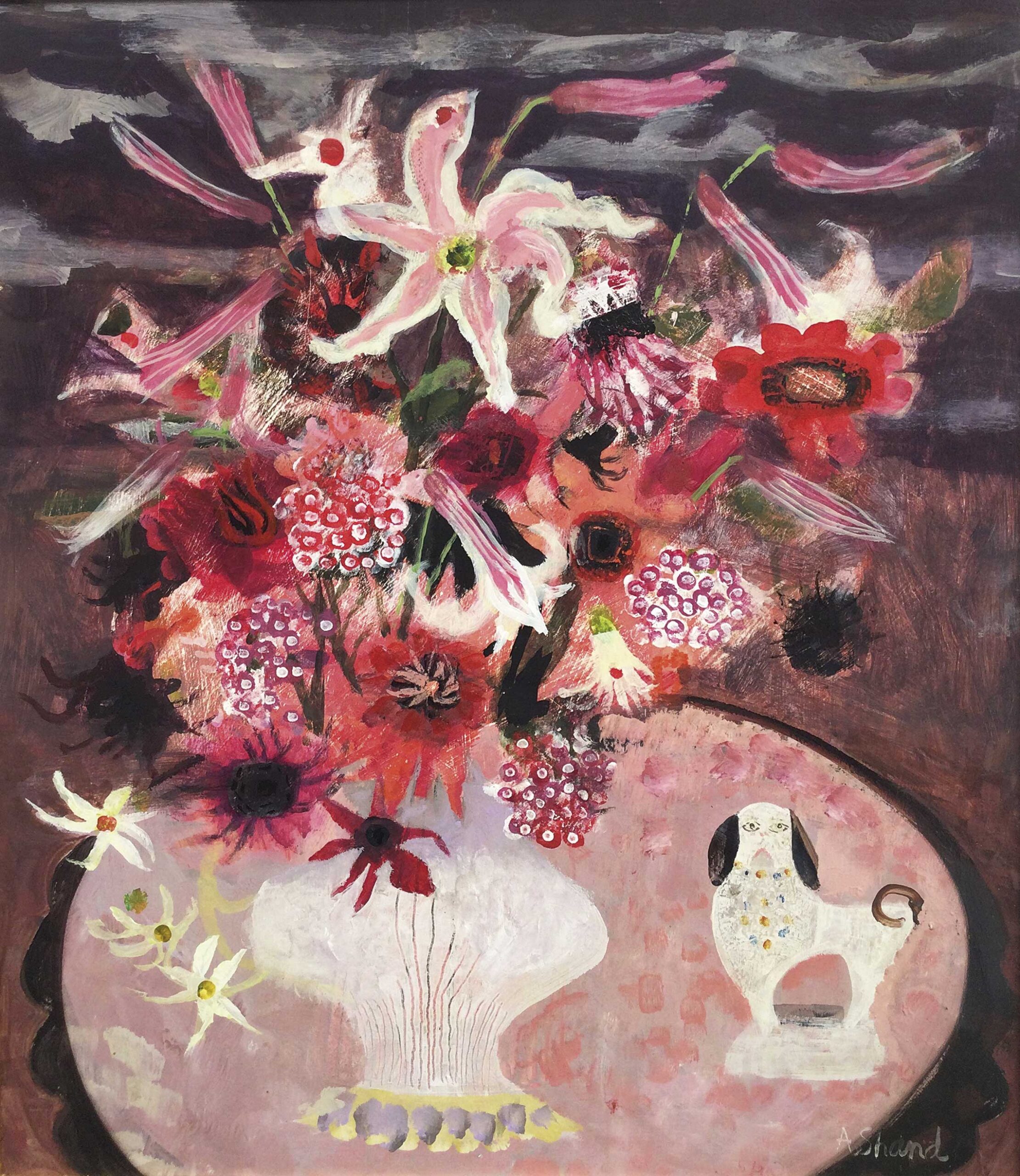 Still Life with Staffordshire Dog. Still Life Floral Paintings by Arabella Shand. Acrylic on board.