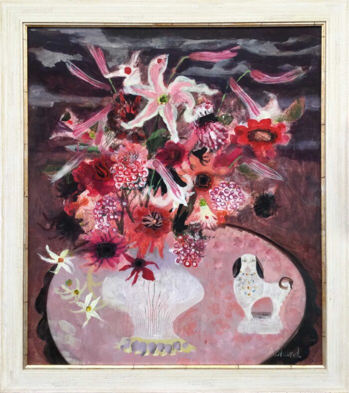 Still Life with Staffordshire Dog. Still Life Floral Paintings by Arabella Shand. Acrylic on board.