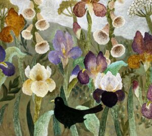 Apricot Foxgloves & Irises. Birds & Animals Floral Paintings by Sarah Bowman. Oil on board.