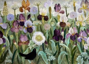 Iris Melody. Birds & Animals Floral Paintings by Sarah Bowman. Oil on board.