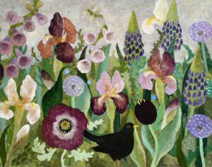 Irises, Poppies & Lupins. Birds & Animals Floral Paintings by Sarah Bowman. Oil on board.