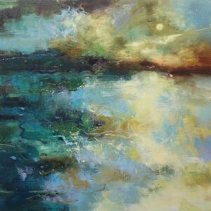 The Moon Meeting Up With the Sky & the Lake. Landscape  Paintings by Andy Waite. Oil on board.