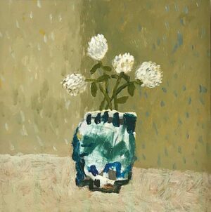 Trefoil in Faience Vessel. Still Life Floral Paintings by David Pearce. Mixed media on board.