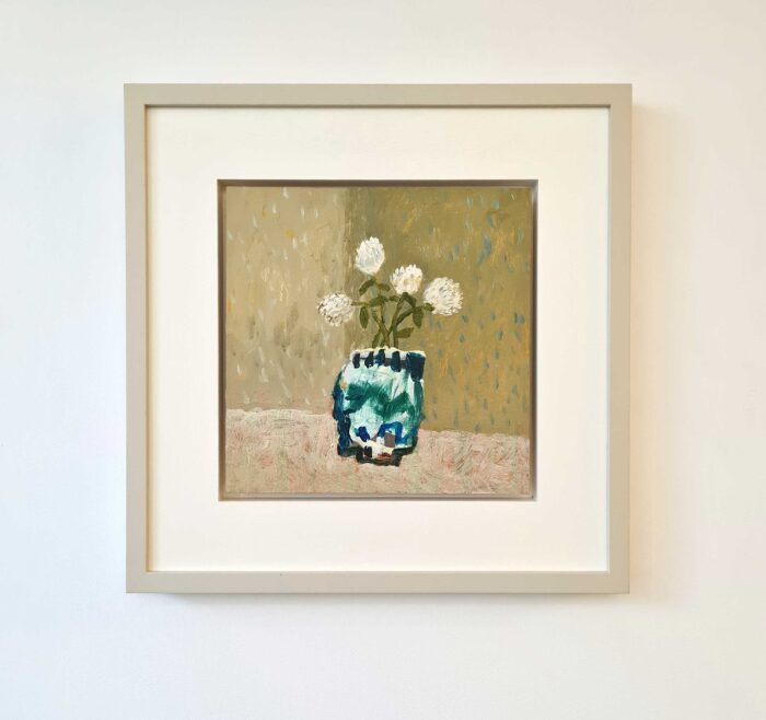 Trefoil in Faience Vessel. Still Life Floral Paintings by David Pearce. Mixed media on board.