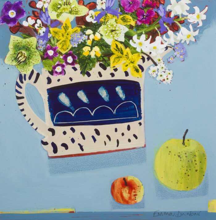 March Bunch with Two Apples. Still Life Floral Paintings by Emma Dunbar. Acrylic on board.