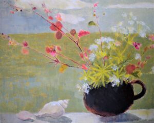 Cranesbill and Sweet Woodruff. Landscape Still Life Paintings by Jane Brayne. Egg tempera on wood panel.